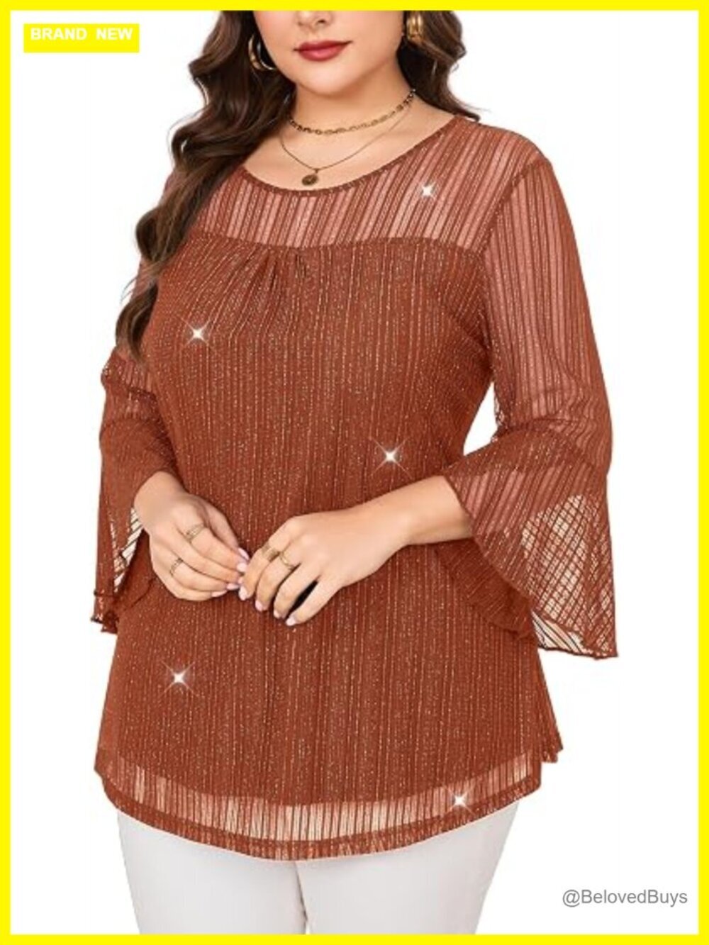 Plus Size Ruffle 3/4 Sleeve Blouse Sparkly Mesh Tunic Tops Crew Neck Dressy